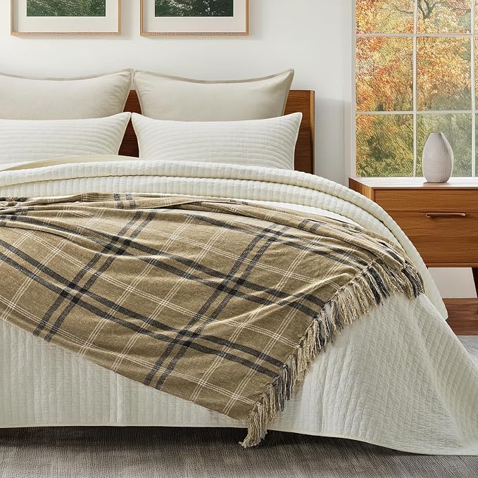Plaid Chenille Knit Throw Blanket for Couch, 50"x60", Khaki Grey | Super Soft Knitted Throw with Tassels, Cozy, Decorative Farmhouse Plaid, Lightweight, Ideal for Bed Sofa Gift Home Decor