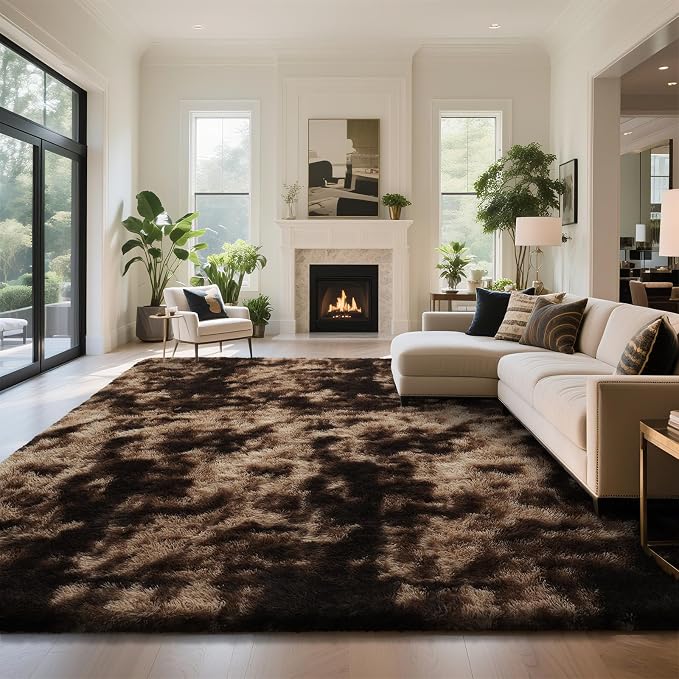 yongyangjuxin Fluffy Rug Shag Area Rug, Mottling Brown 9x12 Area Rugs for Living Room, Large Shag Area Rugs for Bedroom Room Home Decor, Upgrade Anti-Skid Rectangular Fuzzy Rugs