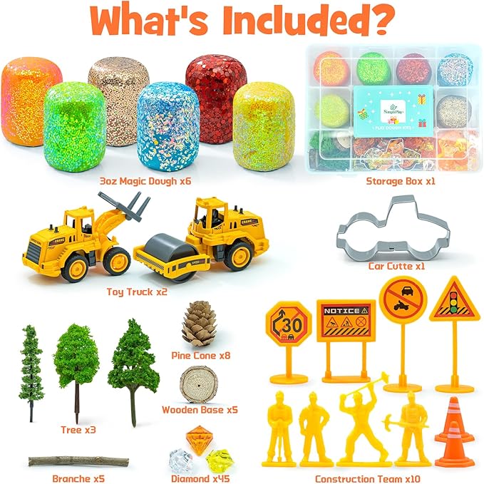 SIMPLIPLAY Construction Sensory Kit with 6 PCS 18oz Glitter Doughs & Accessories(About 80pcs), Color Dough Set, Construction Boy Sensory Kit with Toy Trucks for Kids Toddlers Creative Gift