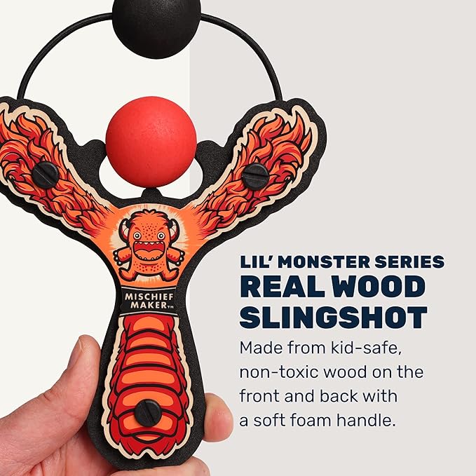 Mischief Maker® Wooden Slingshot - Lil’ Monster Series - Real Wood Slingshot for Kids, 4 Soft Foam Balls and Storage Bag - Ages 4+ (red)