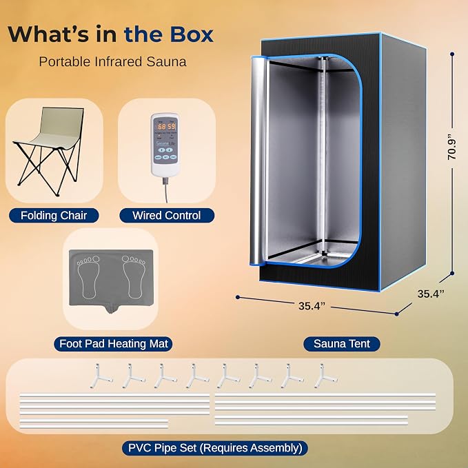SereneLife 1300W Full Size Portable Infrared Sauna - with Heating Foot Pad & Foldable Chair - Single Person Use, Indoor Personal Home Spa for Weight Loss, Stress Relief & Relaxation