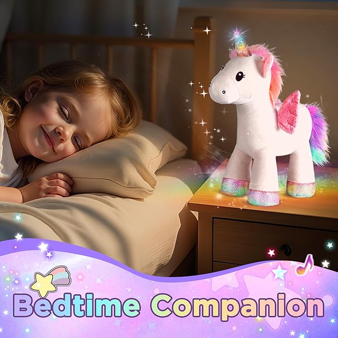 iPlay, iLearn Plush Magic Unicorn Toy W/Remote Control Fairy Magical Wand, Girl Music Unicorn Stuffed Animal W/LED Light Sound, Interactive Birthday Gift 18 24 Month Baby Toddler 2 3 4 5 6 7 Year Kid