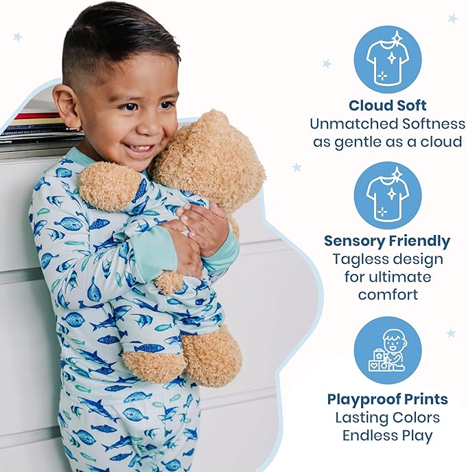 Zip N' Bear Soft Plush Teddy Bear Stuffed Animal with Fin Frenzy Pajamas - Zippy The Bear Cute Cuddly Plush Toy, Perfect Sensory Teddy for Kids, Toddlers - Adorable Gift & Bedtime Companion