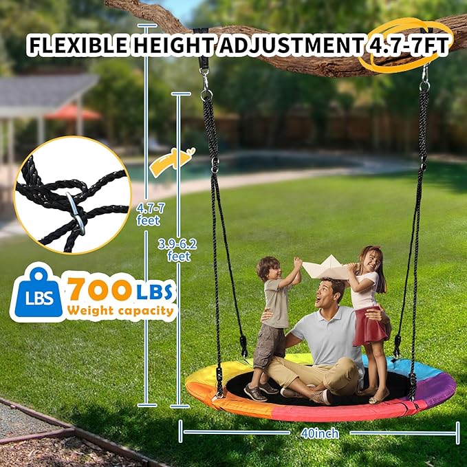 40 Inch Saucer Tree Swing for Kids & Adults – Large Round Disc Swing, 700 lb Weight Capacity with Hanging Straps & Adjustable Ropes for Playground, Backyard & Swingset (Rainbow)