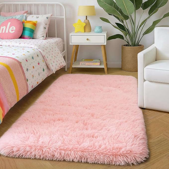 Amdrebio Pink 2x3 Mini Area Rugs for Girls Bedroom, Small Cute Fluffy Shaggy Soft Rug for Kids Room Decor, Shag Fuzzy Throw Floor Carpet for Door Entryway Reading Corner Baby Nursery Preppy Dorm