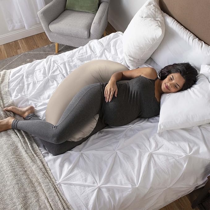 Boppy Cuddle Pregnancy Pillow with Removable Organic Cotton Cover - Compact Ergonomic Maternity Pillow, Versatile Support, Great Side Sleeper Pillow, Washable, with Cooling Rayon Cover - Biscuit