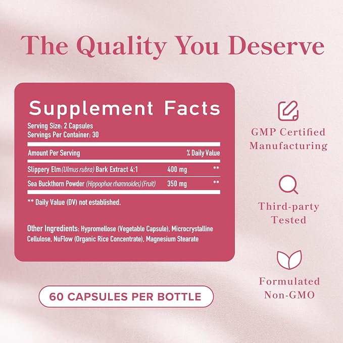 Slippery Elm for Women, Vaginal Moisture & Vaginal Dryness Support, Non-GMO | Moisturizer for Female Comfort with Slippery Elm Bark and Sea Buckthorn, Moisture and Dryness Support, Vegan, 60 Capsules