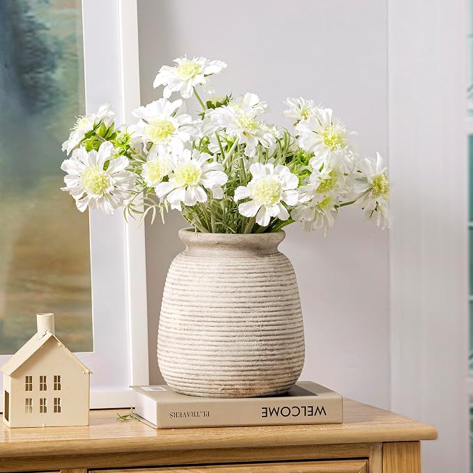 Ceramic Flower Vase, Rustic Farmhouse Decorative Vase Pottery Wide-Mouth Vases for Home Decor Table Entryway Mantel Bookshelf Living Room Bedroom Bathroom Kitchen - 7.48" D