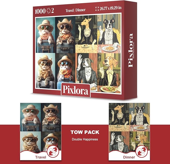 Jigsaw Puzzles 1000 Pieces for Adults, Travel Cat & Dog Dinner -2-Pack Adventure & Elegance Theme, 1000 Piece Puzzle for Adults, Dog Puzzles, Puzzle Cat, Whimsical Animal Art