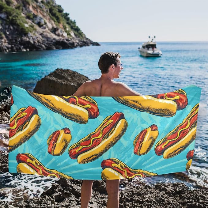 susiyo Hot Dogs with Mustard Beach Towel Microfiber Beach Blankets Quick Dry Oversized Sand Free Super Absorbent Lightweight Pool Towel for Travel Sport Swimming Bath Camping Yoga 31x71 inch