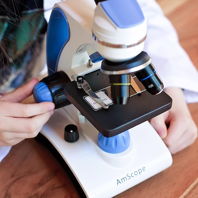 AmScope M162C-2L-PB10-WM"Awarded 2018 Best Students and Kids Microscope Kit" - 40X-1000X Dual Light All Metal Microscope with Slides and Microscope Book, Blue