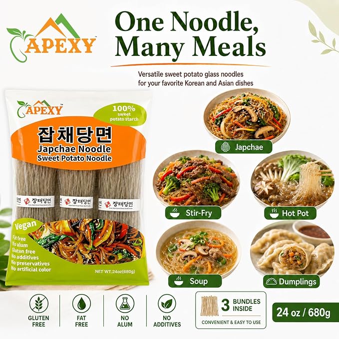 APEXY Sweet Potato Glass Noodles, Japchae Noodles, Korean Vermicelli Pasta, Fat-free and Gluten-free, 100% Sweet Potato Starch, No Additive, No Alum inside, 24oz (680g) (Pack of 2)