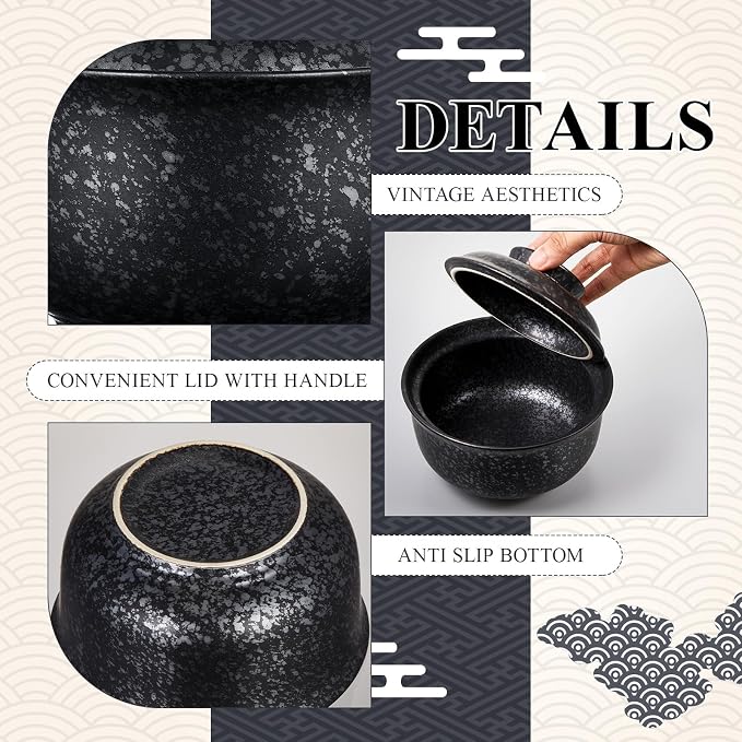 SiliFine Ramen Bowl Set of 2 Ceramic Ramen Bowl with Lid 25oz Microwave Clay Pot Traditional Japanese Tableware Korean Clay Pot for Christmas Soup Salad Meal Rice Home Office(Black,Calssic)