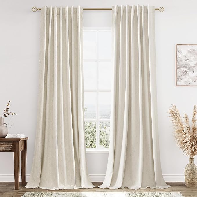 Guken 100% Blackout Linen Curtains 108 Inch Length 2 Panels Set for Living Room Bedroom Back Tab Thermal Insulated Black Out Drapes Room Darkening Farmhouse Style for Bedroom Window Curtains