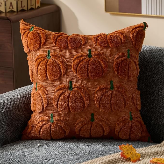 DFXSZ Fall Pillow Covers 18x18 2Pcs Rust Green Pumpkin Fall Decorations | Fall decor Set of 2 Throw Pillow Cases Soft Plush Faux Fur Wool Couch Cushion for Chair Sofa Bedroom Living Room Home Decor