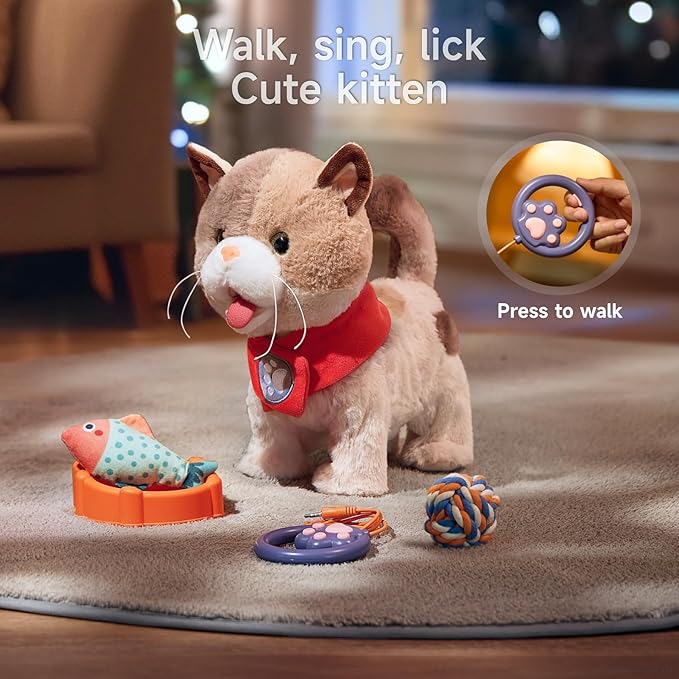 TUMAMA Toy Cat for Kids, Cute and Realistic Kitty Toy That Walks, Meows, Tongues Out and Wags Tail, Interactive Electronic Cat Plush Toy with Leash, Best Gift for Boys and Girls Ages 3 4 5 6 7
