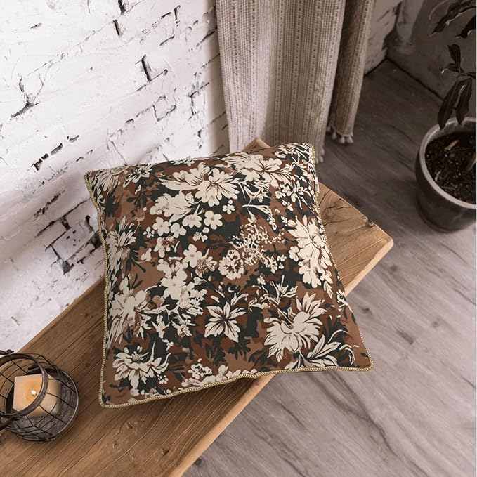 Vintage Brown Cream Floral Velvet Pillow Covers 18x18 Inch Tapestry Neutral Flowers Throw Pillows for Couch Cushion Covers Pillowcase Boho Farmhouse Pillow Cases for Sofa Bed Bedroom