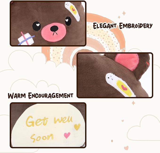 Easfan Get Well Soon Stuffed Bear Plush Pillow, Feel Better Injured Teddy Cozy Snuggle Toy Animal with Adhesive Bandage, Adorable Soft Gifts for Patients Boys Girls After Surgery, Brown, 13''
