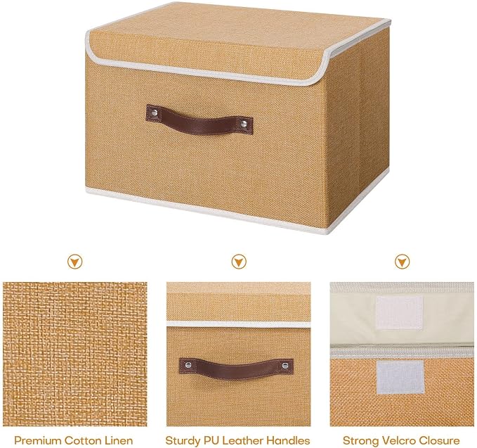 ANMINY Fabric Storage Box Bins with Lids, Khaki, 15"x10"x10", 2 Pack | Keepsake Memory Storage, Cotton Linen, PP Board Reinforced, Washable, PU Handles, Foldable & Stackable, Decorative, Large