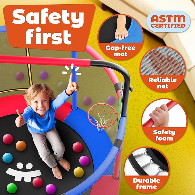 Happin® 55â€ Toddler Trampoline Indoor & Outdoor Playset, 5FT Kids Trampoline, Ultra Safe Mini Trampoline for Kids with Safety Enclosure Net, Gifts for Birthday with Basketball Hoop