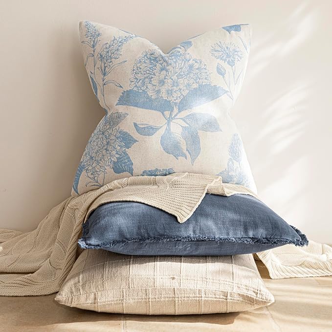 Foindtower Set of 2 Linen Floral Vintage Throw Pillow Covers Neutral Accent Decorative Cozy Cushion Covers Farmhouse Boho Home Decor for Sofa Chair Couch Bedroom Living Room,24×24 Inch,Sky Blue