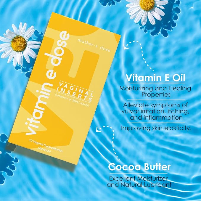 Mother's Dose Vitamin E Suppository 30 IU Each- Vaginal Moisturizer Hormone Free Moisturizer-10 Individually Sealed Inserts - 1 Month Supply USA Made