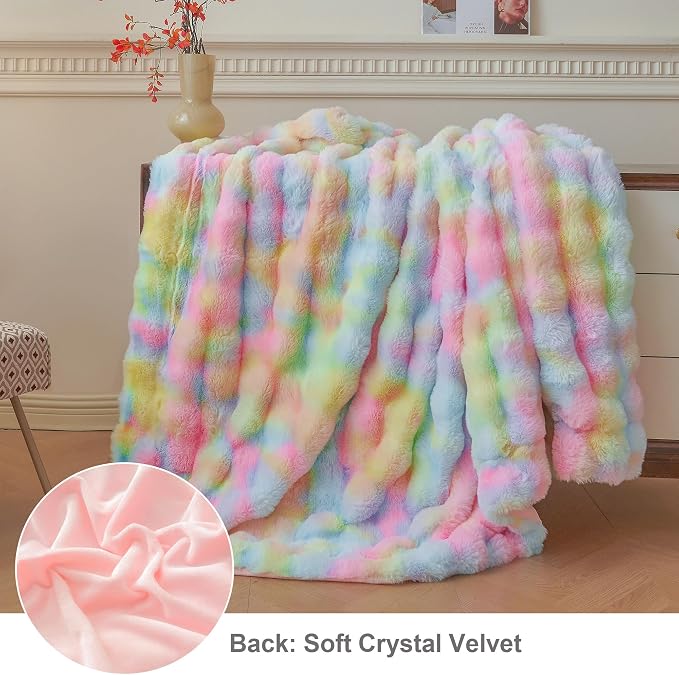 LIFEREVO Luxury Fluffy Faux Rabbit Fur Throw Blanket 50x60, Rainbow | Soft Plush Bubble Blanket for Bed Couch Sofa Office, Decorative Cute Tie Dye Shaggy Lap Throw for Kids Girls Adults, Washable