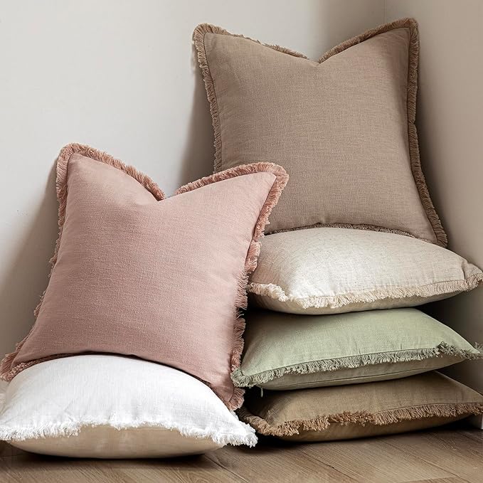 Foindtower Set of 2 Decorative Linen Fringe Throw Pillow Covers Boho Farmhouse Cushion Cover with Tassels Soft Accent Pillowcase for Couch Chair Sofa Bed Living Room Home Decor,24×24 Inch,Light Pink