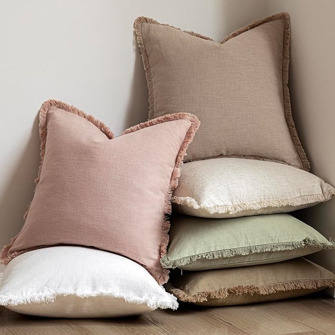 Foindtower Set of 2 Decorative Linen Fringe Throw Pillow Covers Boho Farmhouse Cushion Cover with Tassels Soft Accent Pillowcase for Couch Chair Sofa Bed Living Room Home Decor,16×16 Inch,Light Pink