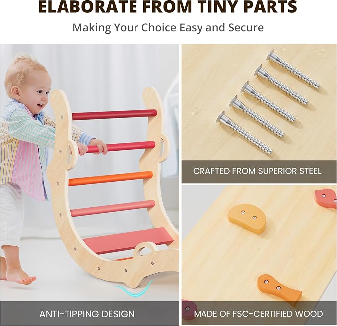 BlueWood Pikler Triangle Set, Toddler Wooden Climbing Toys Indoor 7in1 Foldable Climber for Kids, Montessori Philosophy Play Jungle Gym with Arch, Ramp, Ladder (Farm Charm Autumn)