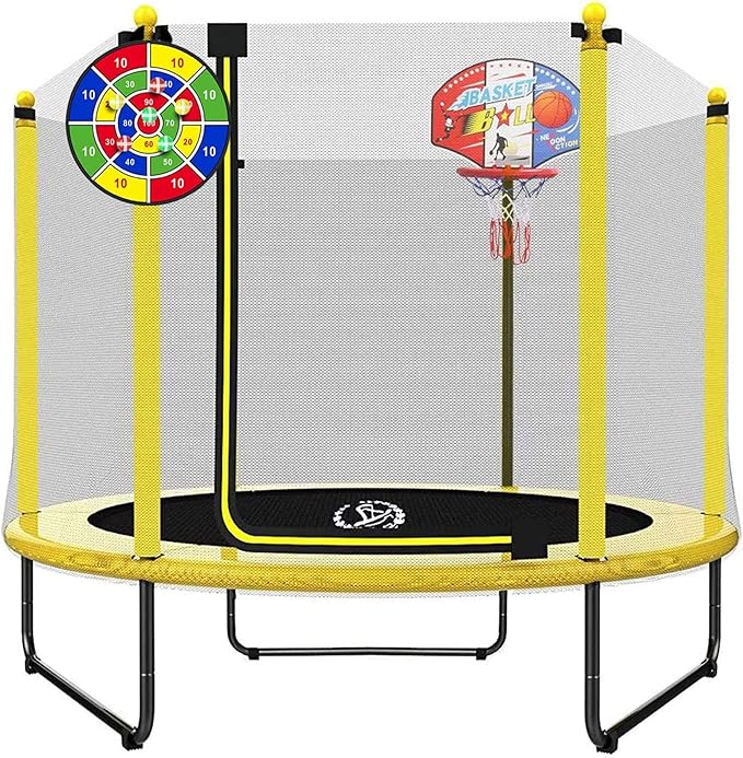 LANGXUN 60" Trampoline for Kids, 5ft Toddler Mini 6-in-1 Trampoline Indoor Outdoor with Swing, Basketball Hoop, Dart Board, Gymnastics Bar, Rings, Christmas Toys Birthday Gifts for Girls Boys