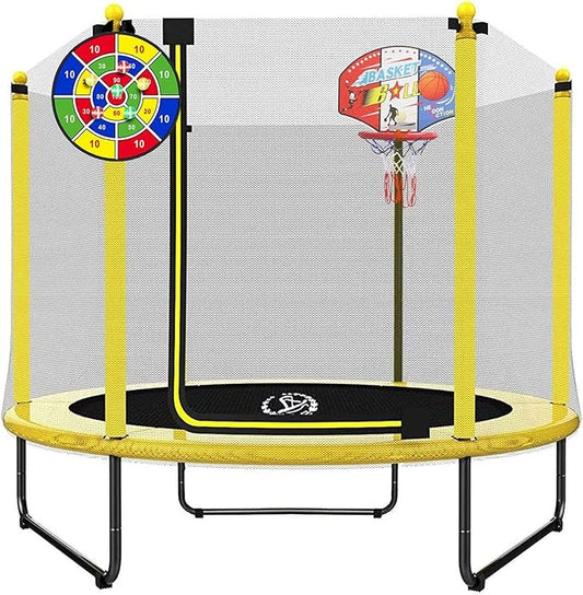 LANGXUN 60" Trampoline for Kids, 5ft Toddler Mini 6-in-1 Trampoline Indoor Outdoor with Swing, Basketball Hoop, Dart Board, Gymnastics Bar, Rings, Christmas Toys Birthday Gifts for Girls Boys