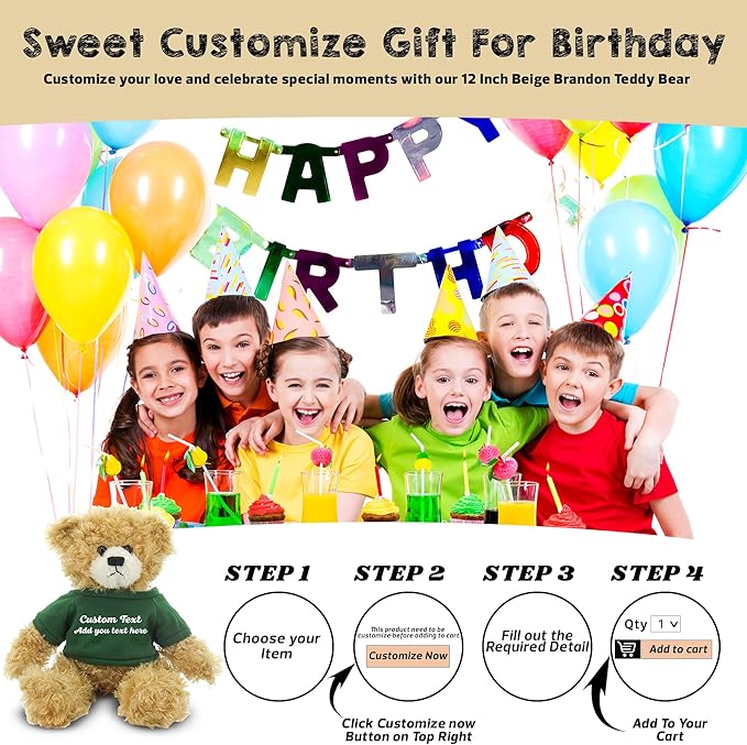Customized Beige Brandon Bear - 12 inch Personalized Stuffed Bear Plush Toy - Perfect Custom Shirt Bear Gift for Graduation Valentines Graduation Easter Holidays (Green Shirt)