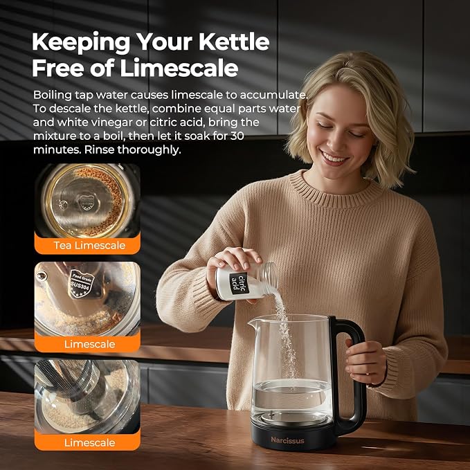 Narcissus Electric Kettle Temperature Control ±5℉, 1.8L Glass Electric Tea Kettle with Removable Infuser for Flowers & Fruit Tea, 1200W Fast Boiling, 6 Hours Keep Warming, Black