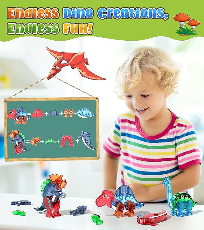 Dinosaur Toys Magnetic Tiles Set - 2 Eggs, 2 Baby Dinos & 5 Large Dinosaurs for Kids 3-5, 105pcs Magnetic Building Blocks for Toddlers 1-3 4-8，Magnet Tiles Educational Toy for Boys Girls