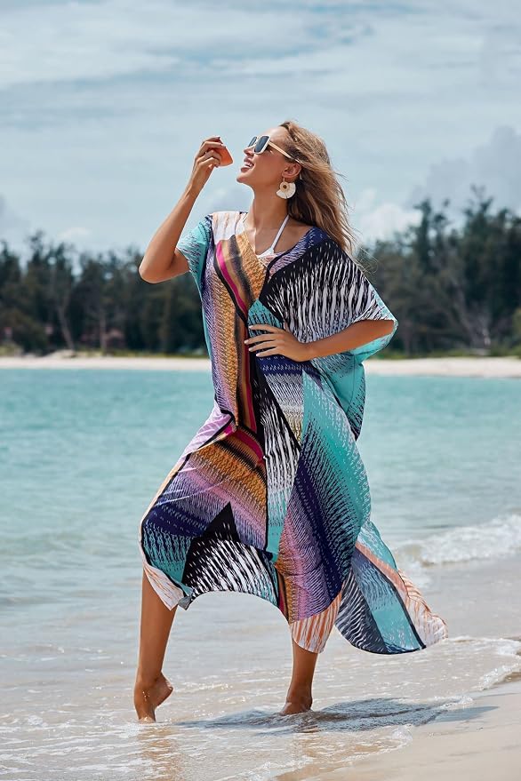 Venasha Womens Caftan Floral Print Kaftan Dress Short Sleeve Swimsuit Cover up Loungewear for Summer
