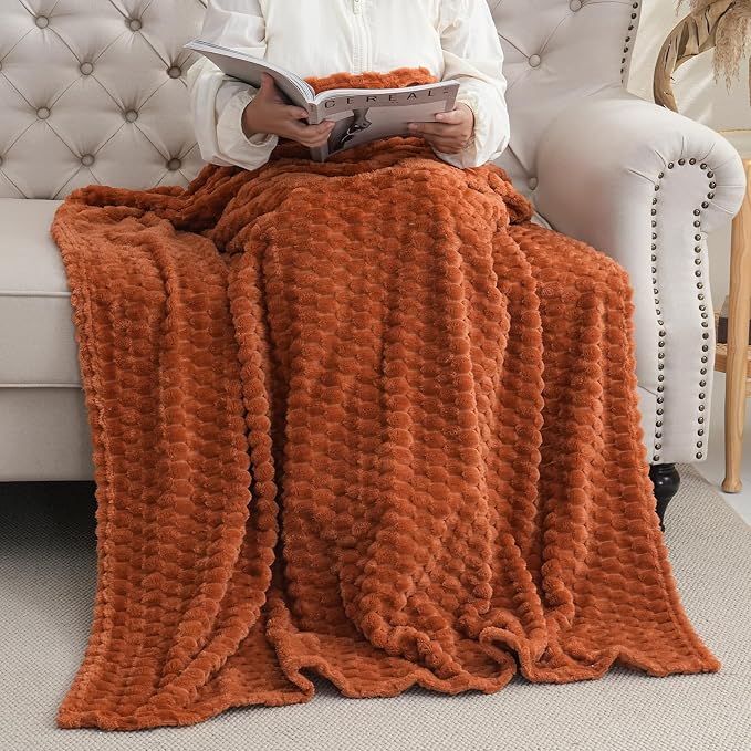 Burnt Orange Throw Blanket 50"×70"Gift for Mom Fuzzy 3D Jacquard Decorative | Flannel Fleece Super Soft Plush Cozy Blanket for Couch Sofa Chair Lightweight
