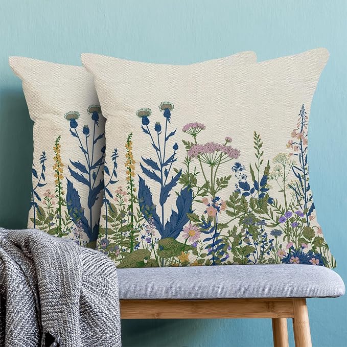 AEIOAE Navy Blue Teal Pillow Covers 18x18 Inch Set of 2, Spring Wildflower Plant Throw Pillows Case,Seasonal Floral Outdoor Decorative Flowers Farmhouse Decor Cushion Covers for Home Sofa Bed Couch