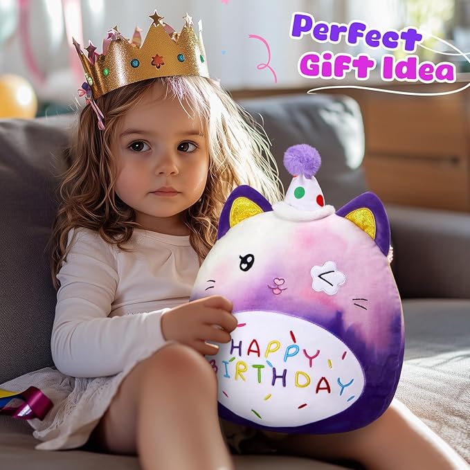 Athoinsu 12" Happy Birthday Cat Plush Pillow Cute Rainbow Stuffed Animal Soft Kawaii Birthday Plushie Star Wink Funny Pillows Home Room Decoration Gifts for Toddlers Kids Girls