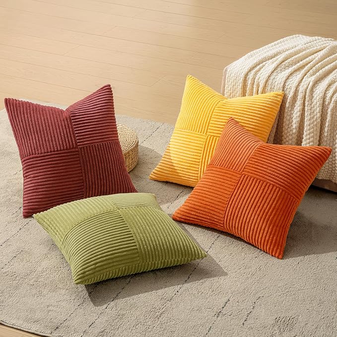 MIULEE Fall Yellow Orange Rust Throw Pillow Covers 20x20 Inch 4 Packs Boho Farmhouse Decorative Color-Clash Pillow Cases Soft Cushion Cases for Couch Sofa Bed Corduroy Striped Home Decor
