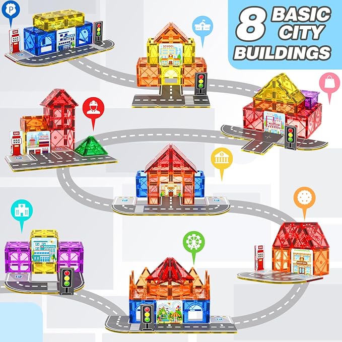 92PCS Magnetic Tiles Build Your Own Live City Toddlers Kids Toys City Road Construction Sensory Toys Preschool Learning Play with Cars Pretend Play Toy Gift for 3 4 5 6 7 Year Old Boys Girls