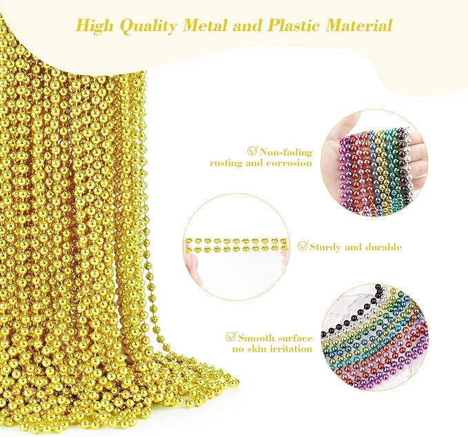 120 PCS Gold Mardi Gras Beads, Gold Bead Necklaces, Christmas Necklace, 33 Inch Round Beaded Necklace for Mardi Gras Party Christmas New Year Eve Festive Events, Party Favors