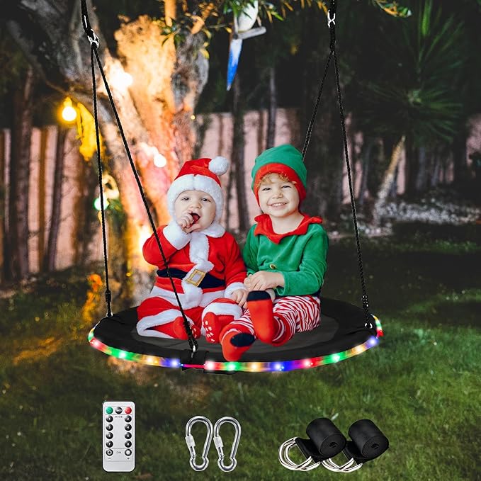 40 Inch Tree Swing with LED Light for Kids, 900lbs Flying Saucer Swing, with Adjustable Hanging Straps, for Indoor and Outdoor, Great Gifts for Kids (40INCH)