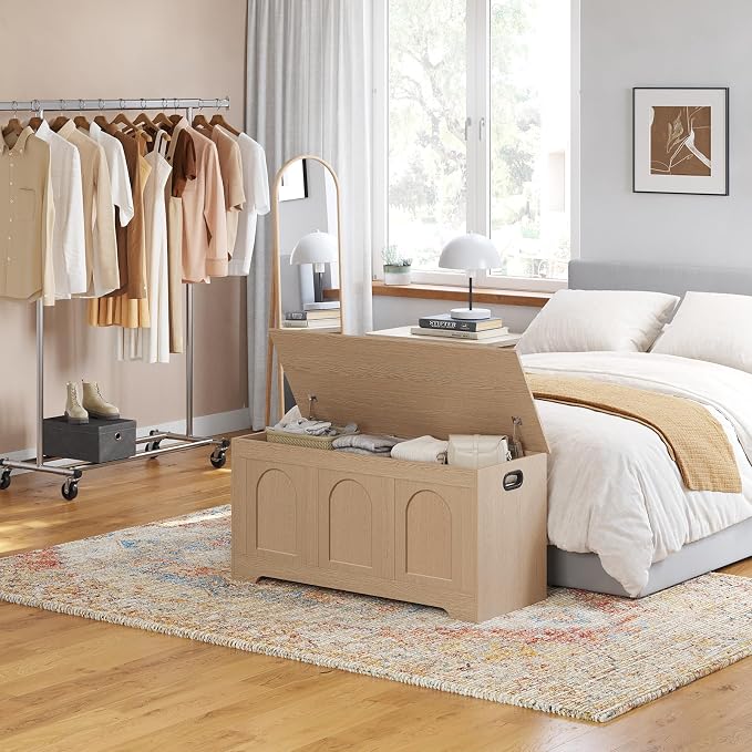 Storage Chest, Wooden Toy Box, Natural 39.4" L | Entryway Shoe Bench, 2 Soft-close Hinges, Finger-safe Flip-Top Lid, Easy Assembly, Farmhouse Large Trunk, Living Room/Bedroom