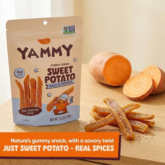 Yammy Chewy Dried Sweet Potato Sticks (Salt & Pepper 5-Pack) - Healthy Asian Snack for Adults & Kids (Japanese, Korean, Chinese Super Food) - No Added Sugar, Vegan, Gluten-Free, 4g Fiber, 2.5oz