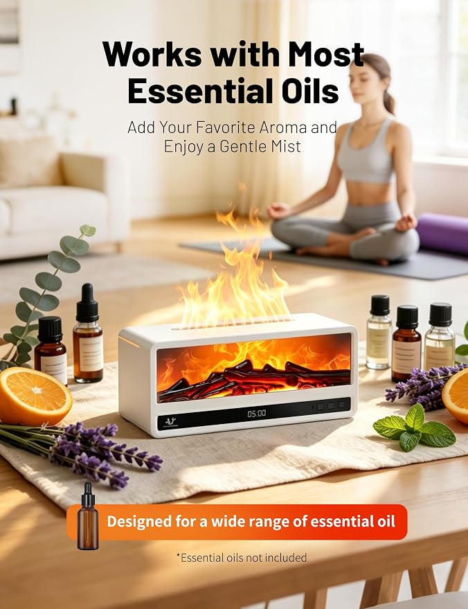 Fireplace Aroma Diffuser for Bedroom Nightstand, Essential Oil Diffuser with Realistic Flame Effect, Remote Control, Timer Auto-Off, 7 Color LED Ultrasonic Aromatherapy Diffuser for Home Office Decor