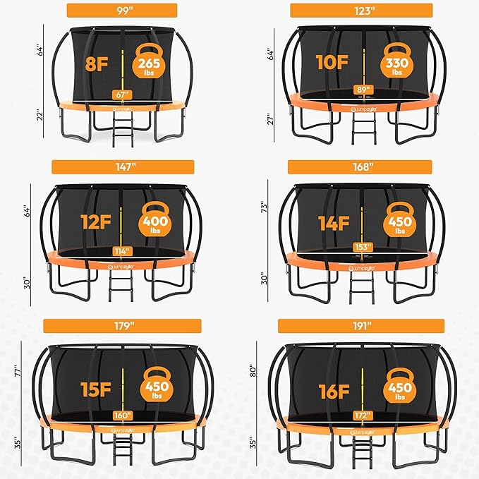 JUMPZYLLA Trampoline Outdoor 8FT 10FT 12FT 14FT 15FT 16FT with Enclosure and Ladder, ASTM Approved Recreational Trampoline for Kids and Adults, Anti-Rust Coated Frame