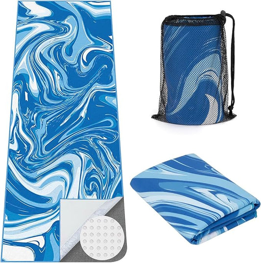 Yoga Mat Towel Cover with Large Corner Pockets, Non Slip Grip Microfiber Mat Cover Mat for Hot Yoga, Pilates and Gym Workout, 70" L x 26" W, Blue
