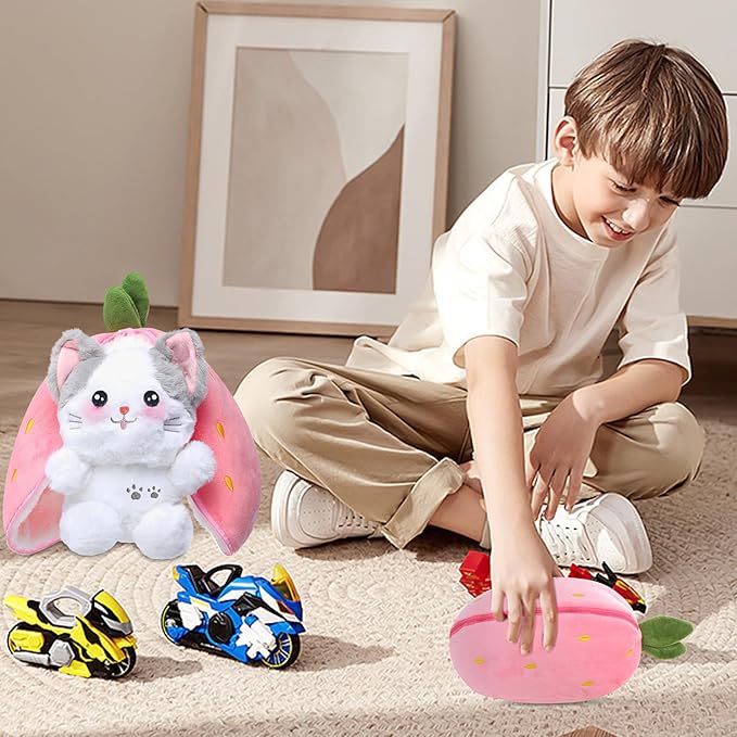 MIAODAM Cat Plush Stuffed Animals, Cute Reversible Strawberry Turn Into Cat Zip Plush, Funny Plushies Toy in A Strawberry Stuffie for Baby & Girlfriend Gift (7.8inch)