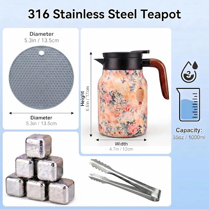 Insulated Stainless Steel Teapot, 35 Oz Vintage Floral Design with Removable Tea Infuser, 12Hr Hot & Cold Retention for Home Kitchen (Vintage Floral Yellow)